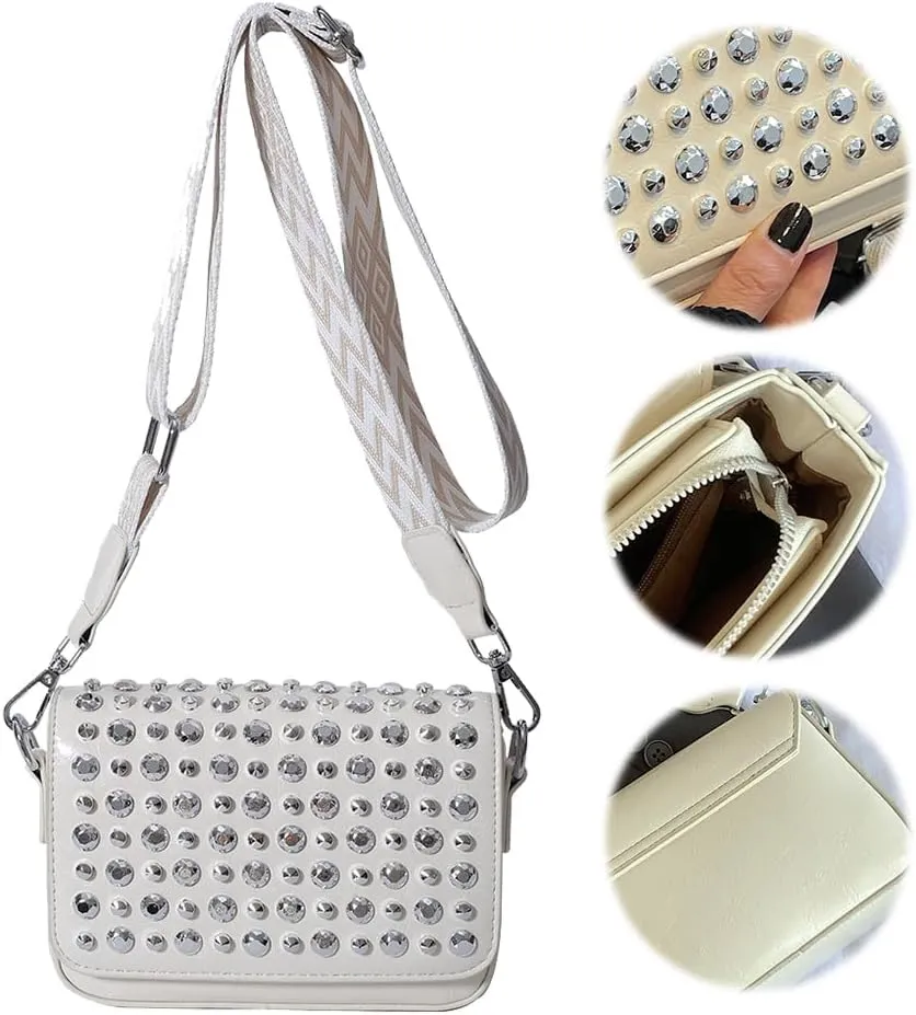 Crossbody Bag for Women With Adjustable Guitar Strap Satchel Purse PU Leather Flap Rivet Studded Clutch Purse for