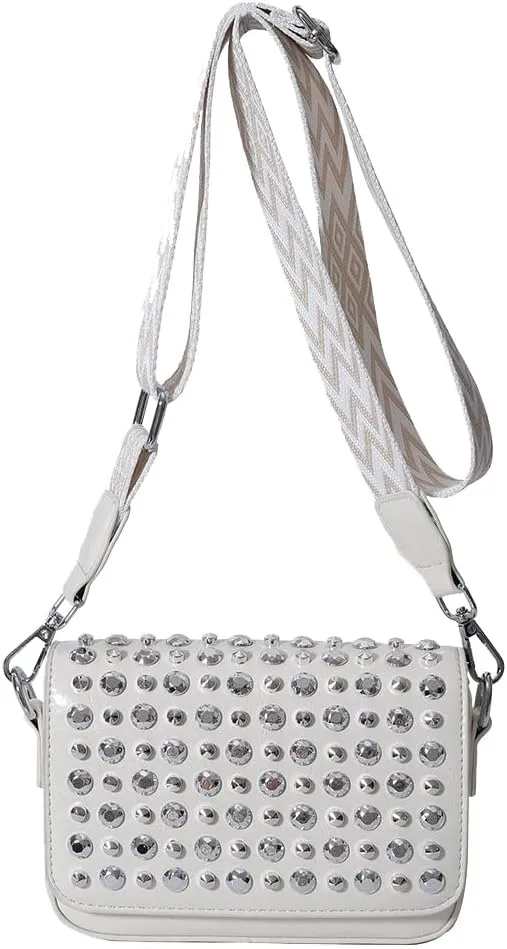 Crossbody Bag for Women With Adjustable Guitar Strap Satchel Purse PU Leather Flap Rivet Studded Clutch Purse for