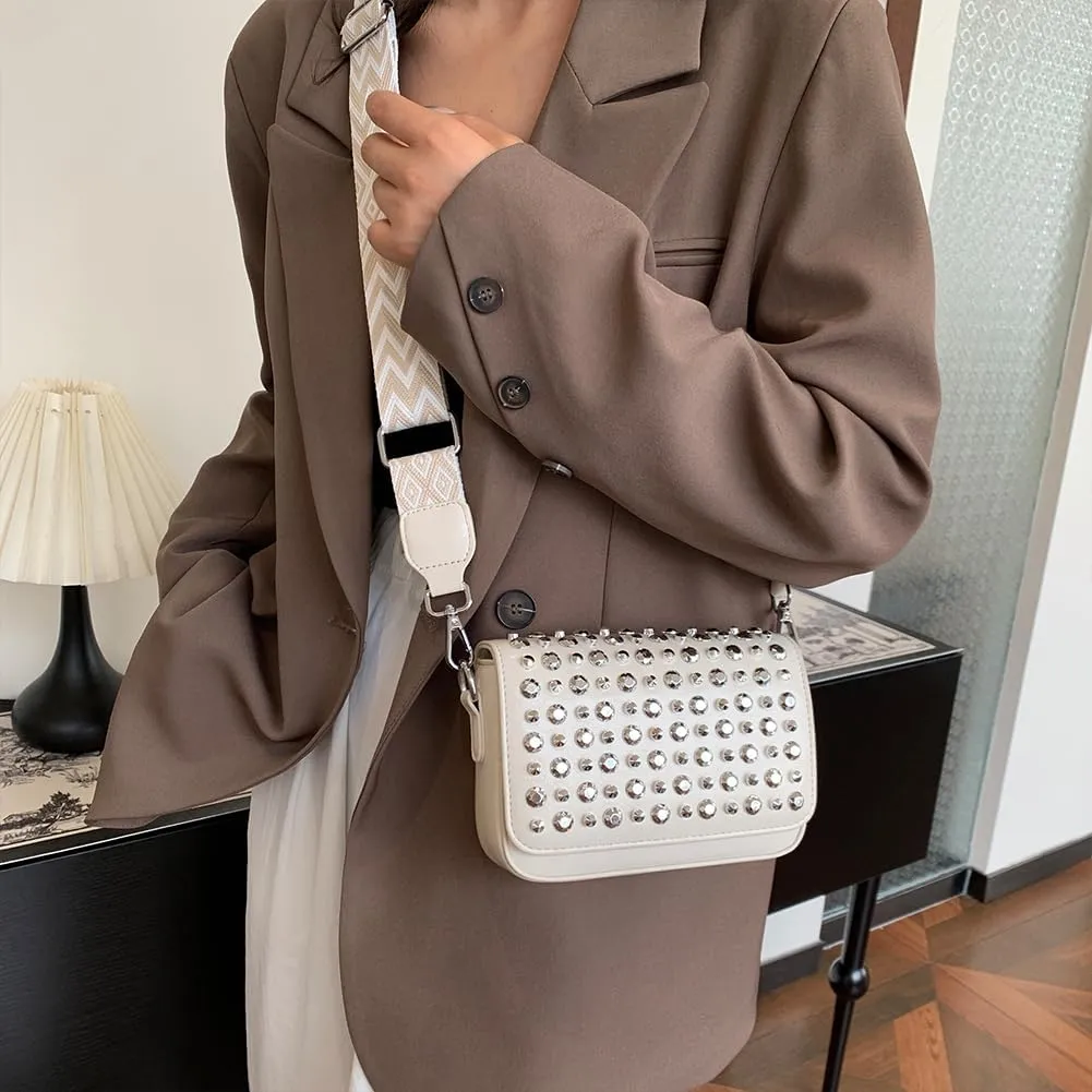 Crossbody Bag for Women With Adjustable Guitar Strap Satchel Purse PU Leather Flap Rivet Studded Clutch Purse for
