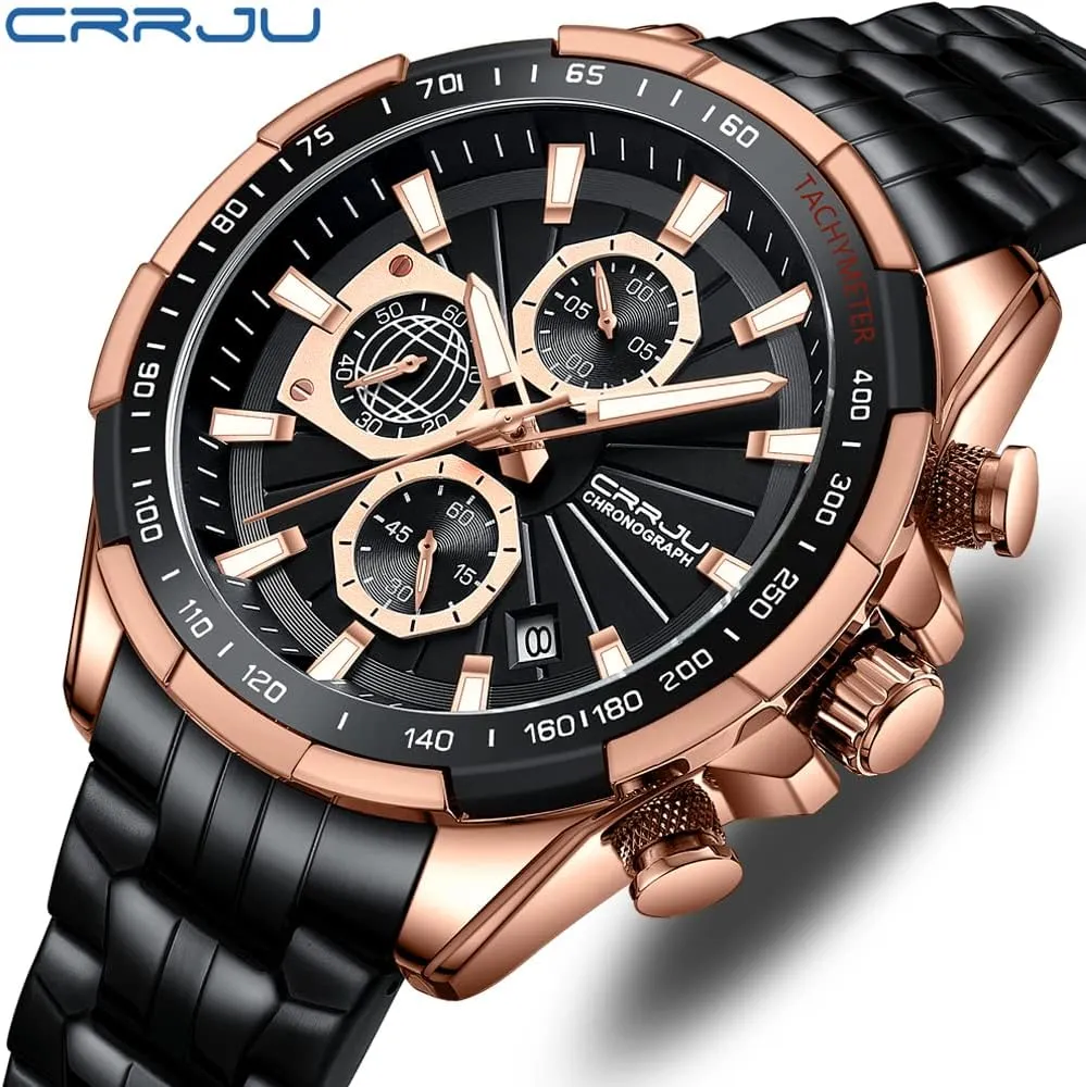 CRRJU Men Wristwatches Fashion Luxury Stainless Steel Watches for Men Business Auto Date Glow Analog Quartz Wristwatches