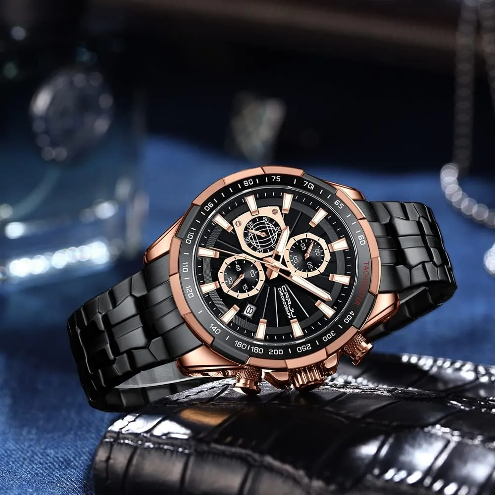 CRRJU Men Wristwatches Fashion Luxury Stainless Steel Watches for Men Business Auto Date Glow Analog Quartz Wristwatches
