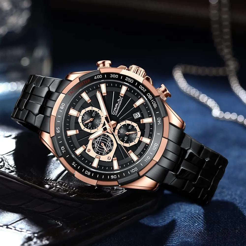 CRRJU Men Wristwatches Fashion Luxury Stainless Steel Watches for Men Business Auto Date Glow Analog Quartz Wristwatches