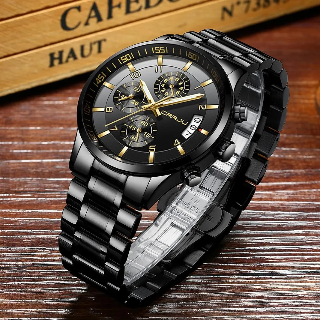 CRRJU Men's Fashion Stainless Steel Watches Date Waterproof Chronograph Wristwatches,Stainsteel Steel Band Waterproof Watch