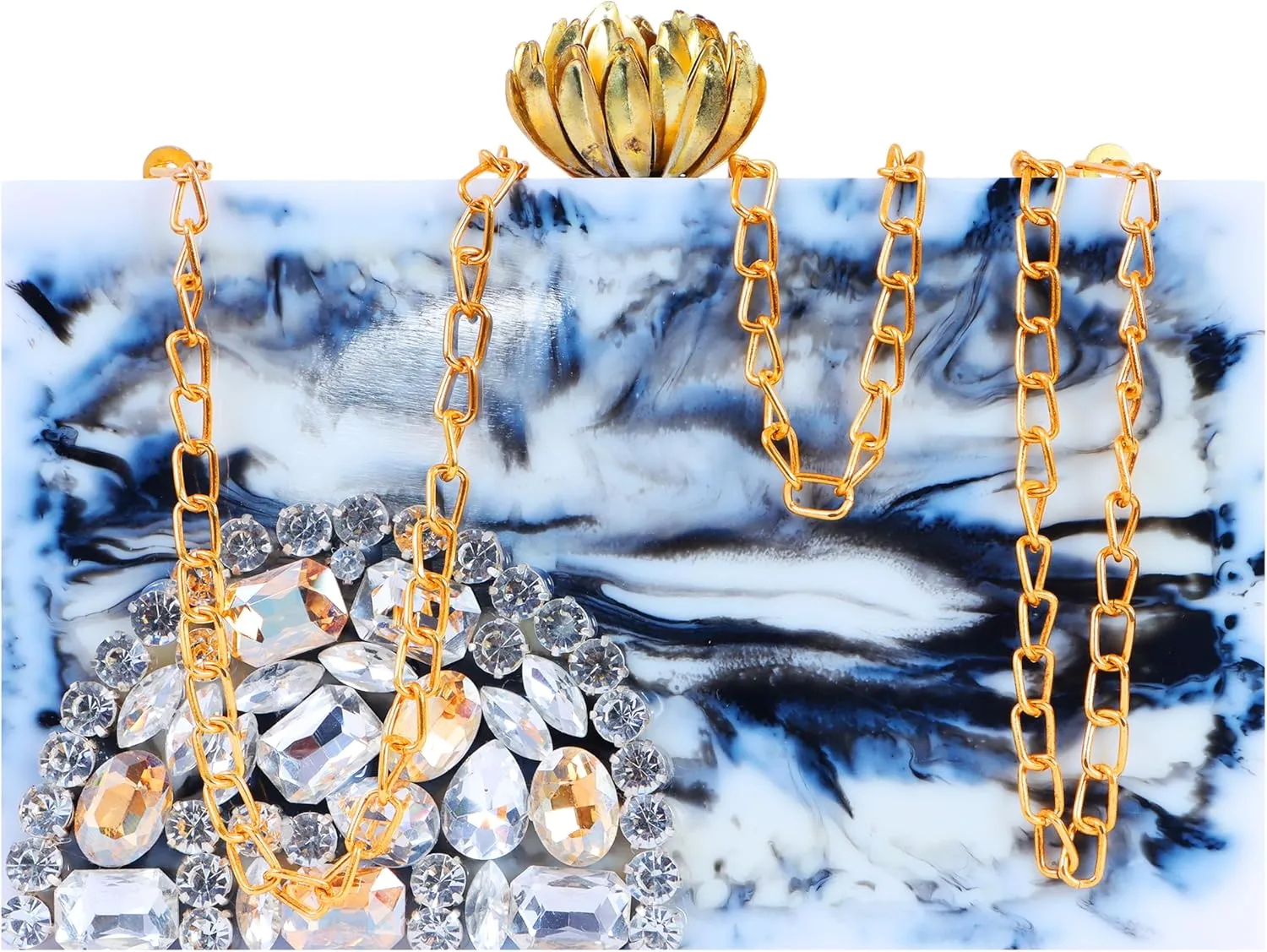 Crystal Evening Clutch Purse, Gold Chain Strap, Rhinestone Flower Clasp, Marble Pattern