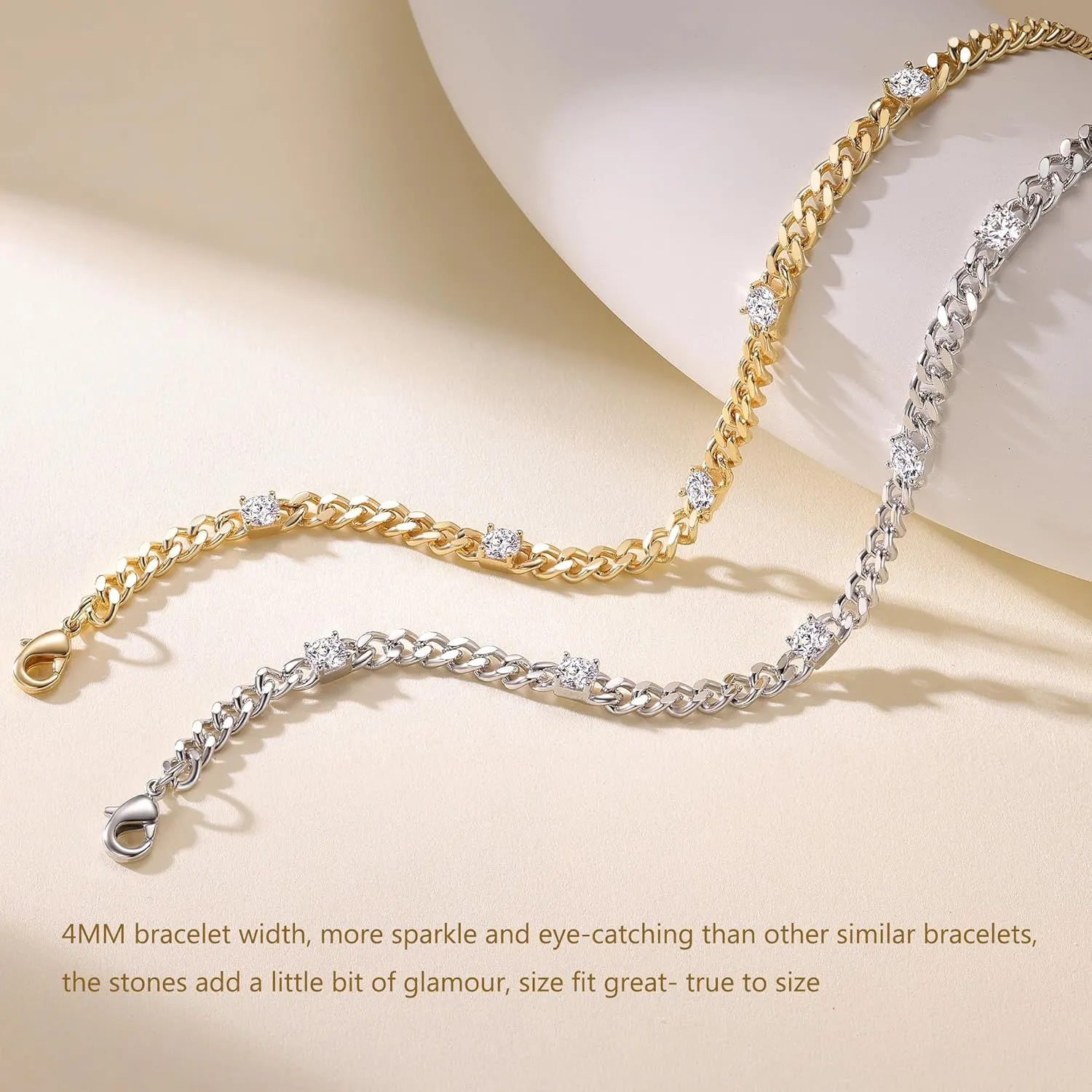 Cuban Chain 5pcs Cubic Zirconia Gold Bracelets for Women 14K Real Gold Plated Sparkle Simulated Diamond Curb Cable Link Infinity Bracelets Trendy Dainty Gold Bracelet for Men Women Friends