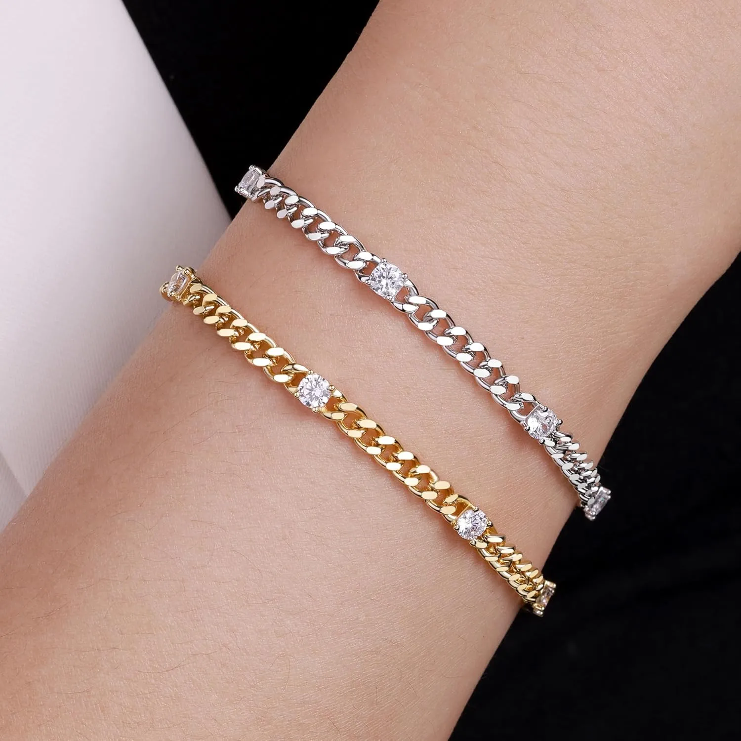 Cuban Chain 5pcs Cubic Zirconia Gold Bracelets for Women 14K Real Gold Plated Sparkle Simulated Diamond Curb Cable Link Infinity Bracelets Trendy Dainty Gold Bracelet for Men Women Friends