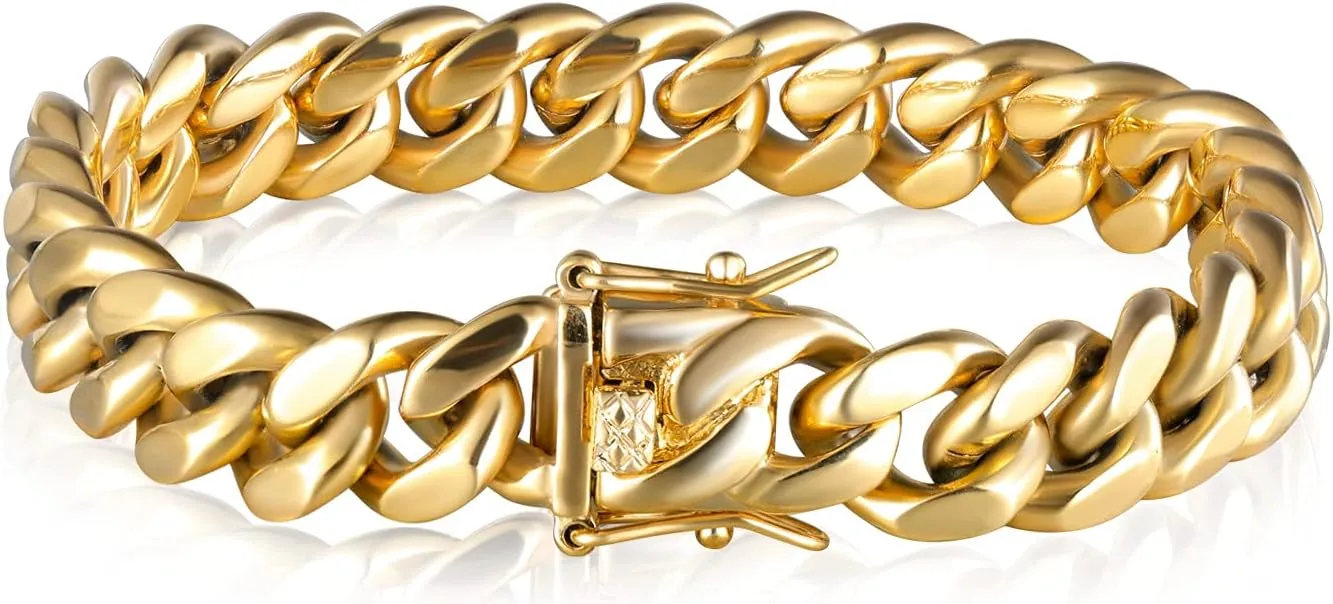 Cuban Link Bracelet for Men Women ,14k Real Gold Plated Miami Cuban Bracelet , 6-18mm Width ,8/8.5/9 inch Length Stainless Steel Bracelet,Stainless Steel Fashion Jewelry Bracelet- Send Gift Box(Father Day Birthday Valentine's Day Christmas Gifts)