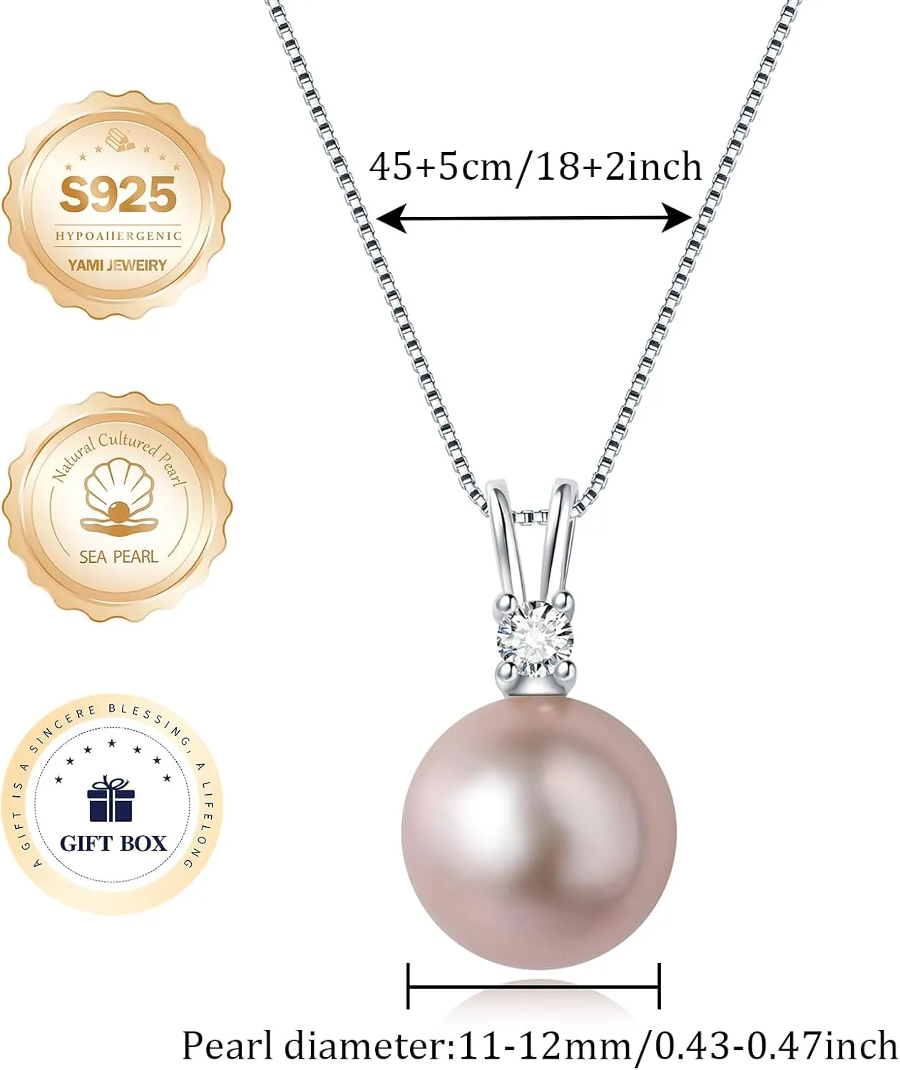 Cultured 11-12MM Round Pink Purple Blue Grey Golden Tahitian Black Pearl Necklace for Women, S925 Sterling Silver 18K Gold Plated, Single Pearl Pendant Necklace