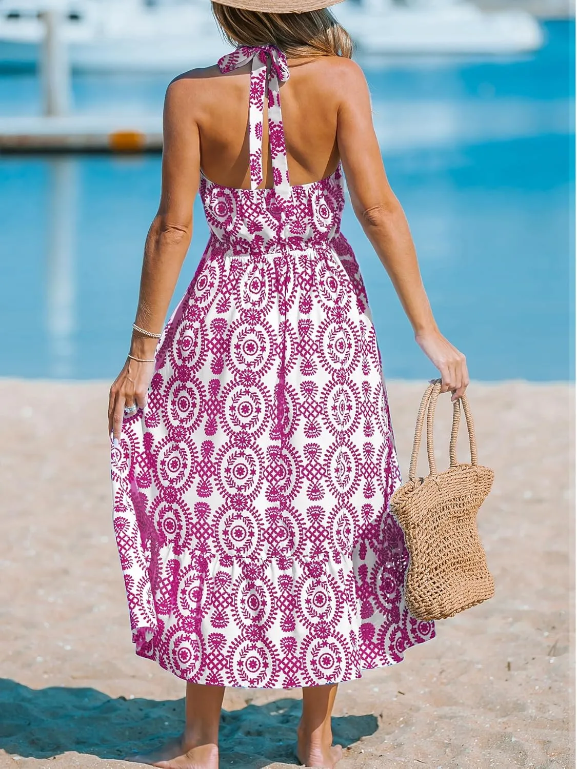 CUPSHE Women's Midi Dress Halter Paisley Sleeveless Cutout Waist Long Beach Boho Summer Dress