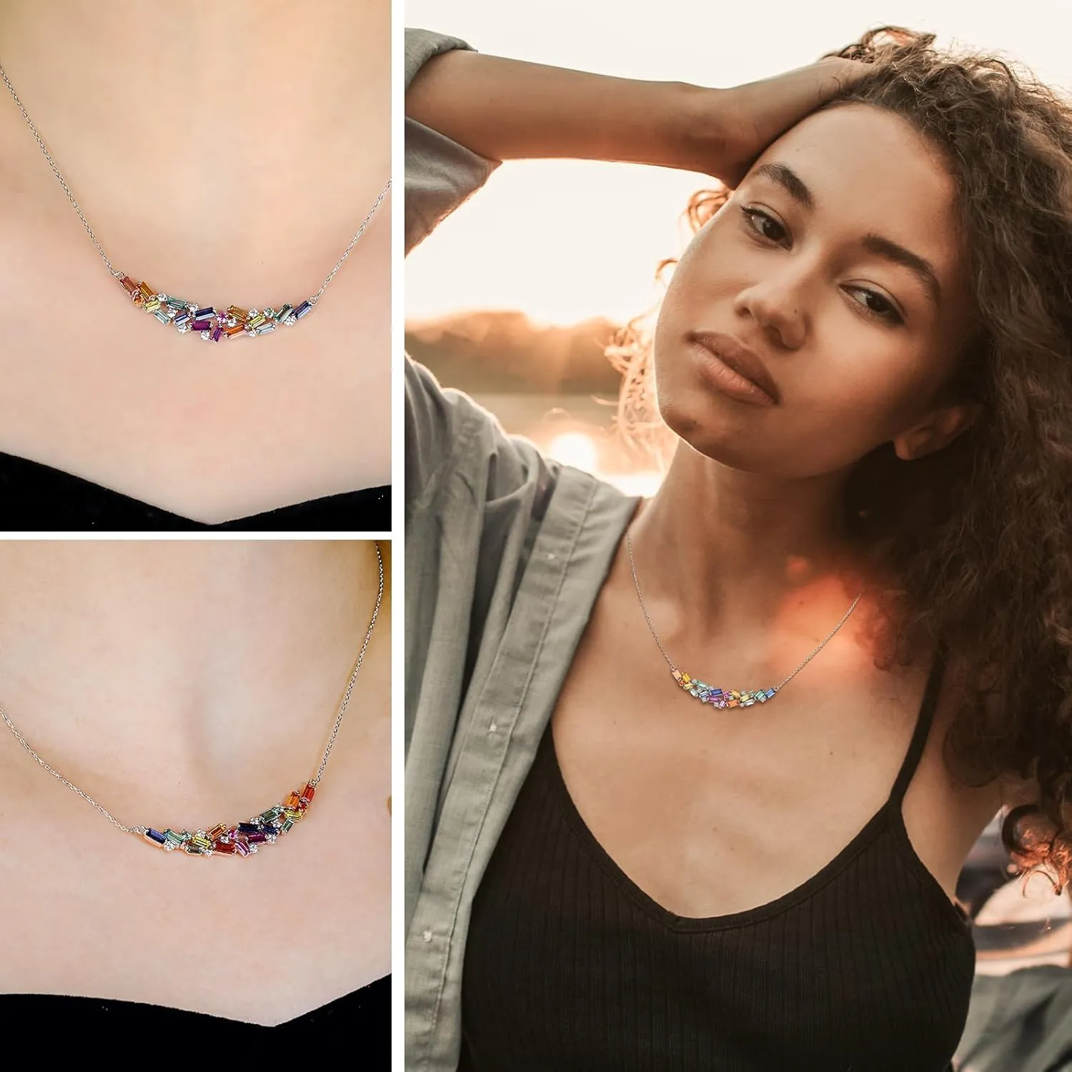 Curved Bar Baguette Necklace for Women 925 Sterling Silver Lab Created Colorful Gemstone Pendant Necklace