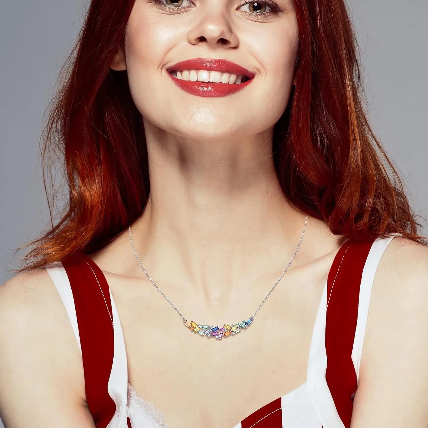 Curved Bar Baguette Necklace for Women 925 Sterling Silver Lab Created Colorful Gemstone Pendant Necklace