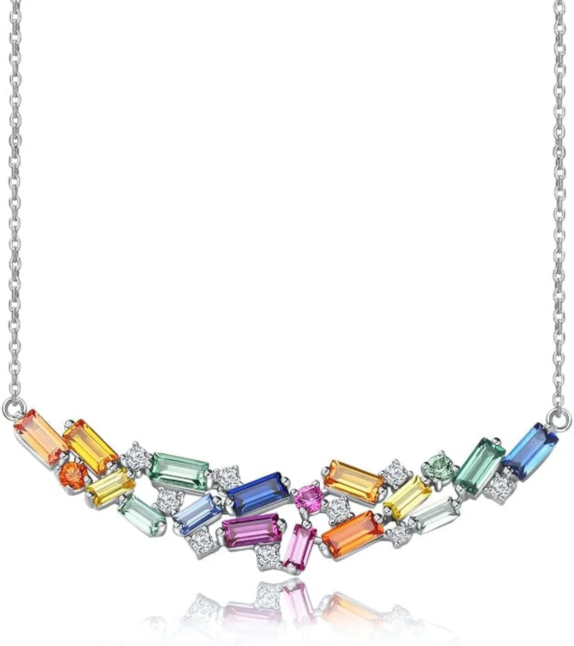 Curved Bar Baguette Necklace for Women 925 Sterling Silver Lab Created Colorful Gemstone Pendant Necklace