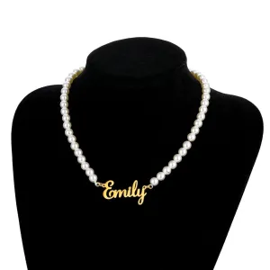 Custom Name Necklace with Pearl Chain 6mm Round White Pearl Necklaces Personalized Choker Name Jewelry Gifts for Women Girls