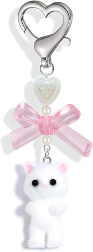 Cute Cat Bag Charm, Fuzzy Cat Keychain Hanging Heart Bow Purse Charm Decoration for Women Girls