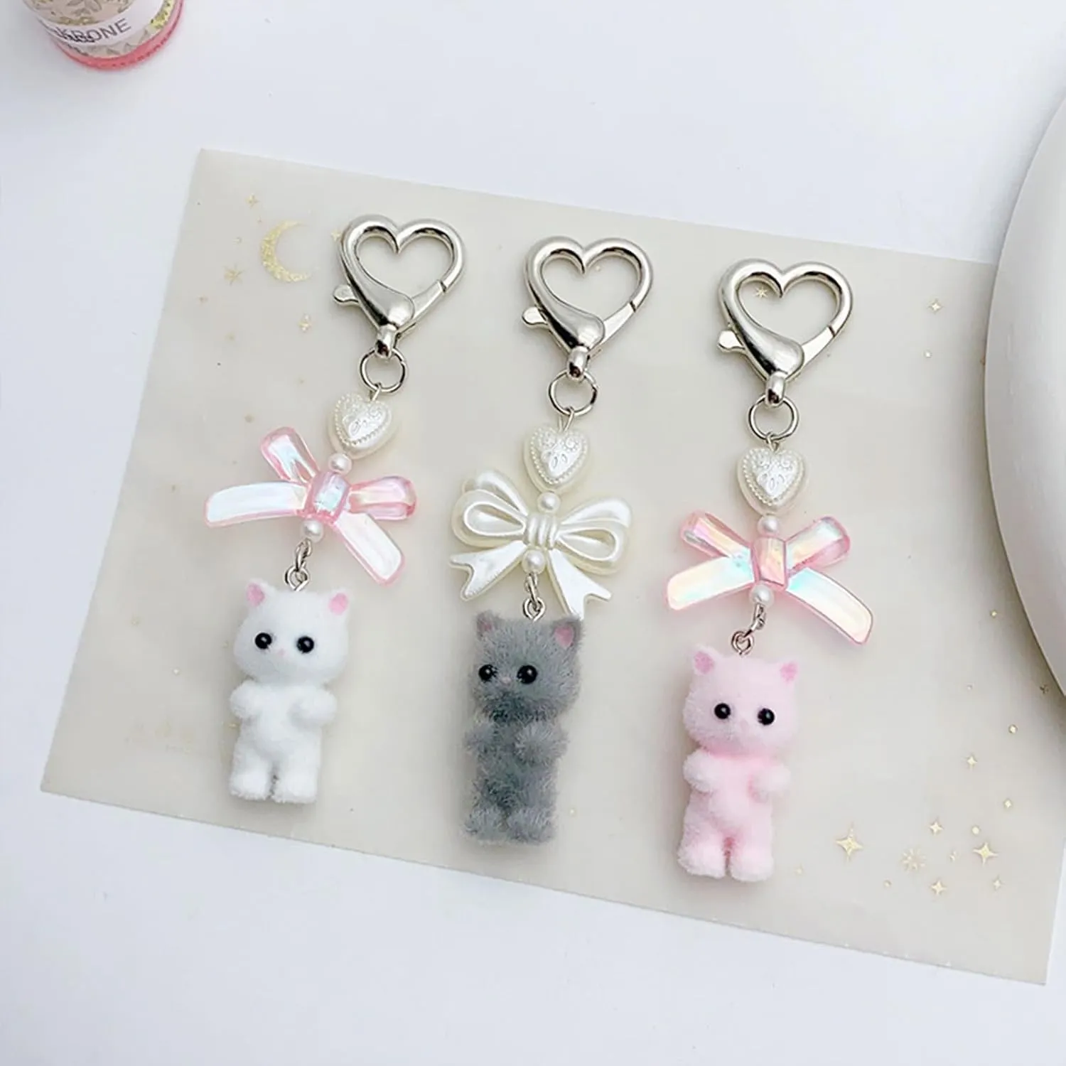 Cute Cat Bag Charm, Fuzzy Cat Keychain Hanging Heart Bow Purse Charm Decoration for Women Girls