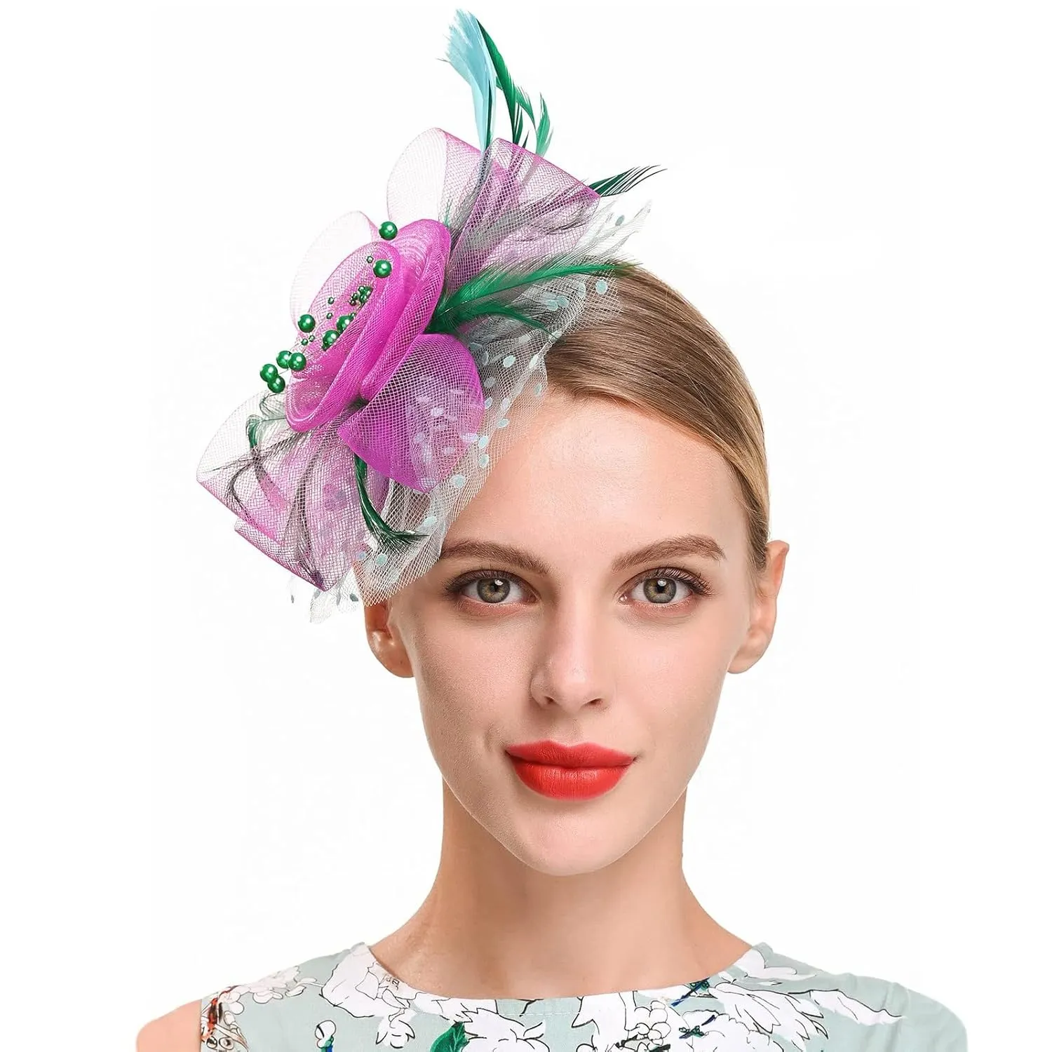 Cute Headbands Hat For Women Wedding Flower Cocktail Mesh Feathers Hair Clip Tea Party Headband (Hot Pink, One Size)