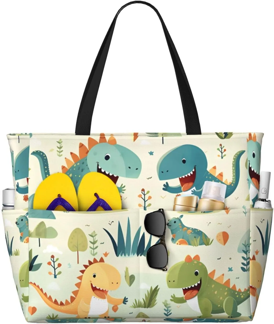 Cute little baby dinosaur Print 28L Large Beach Tote Bag, 7 Pockets Waterproof Travel Shoulder Bag, Gym Oversized Tote