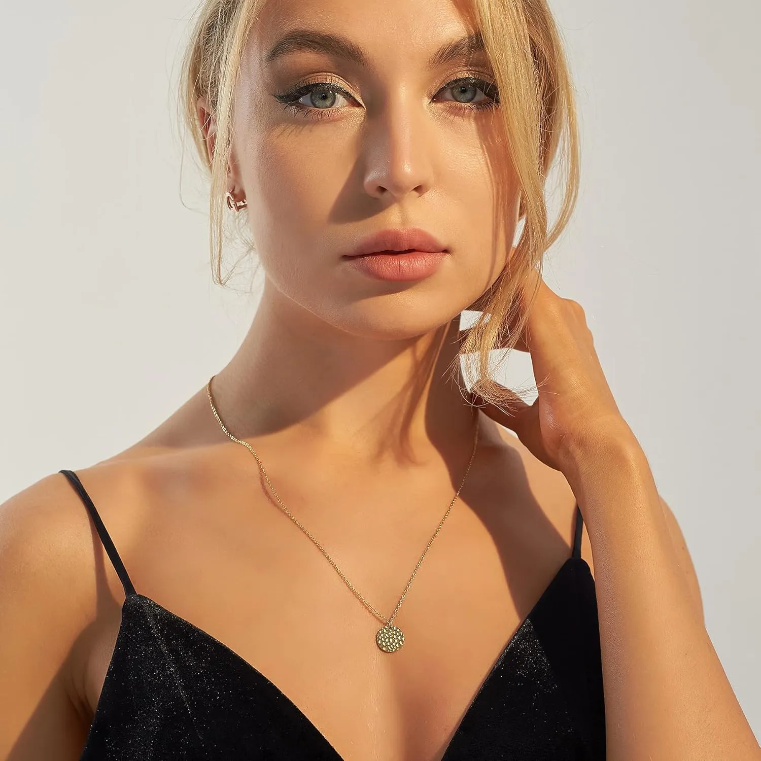 Dainty Gold Layered Bar Neckalce Moon Pendant Lariat Y Necklace 14K Gold Simple Necklace for Women