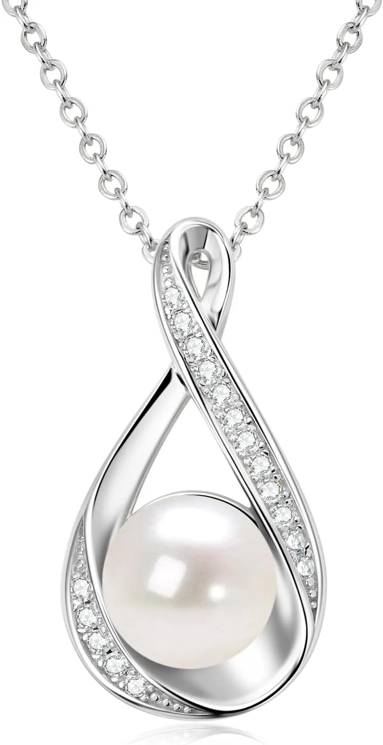 DENGGGUANG Freshwater Pearl Pendant Necklaces for Women, Sterling Silver Infinity Single Pearl Necklace with Shiny Moissanite Wedding Jewelry Gift for Bride Bridesmaid