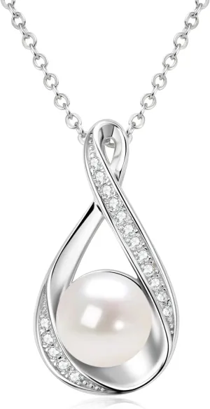 DENGGGUANG Freshwater Pearl Pendant Necklaces for Women, Sterling Silver Infinity Single Pearl Necklace with Shiny Moissanite Wedding Jewelry Gift for Bride Bridesmaid