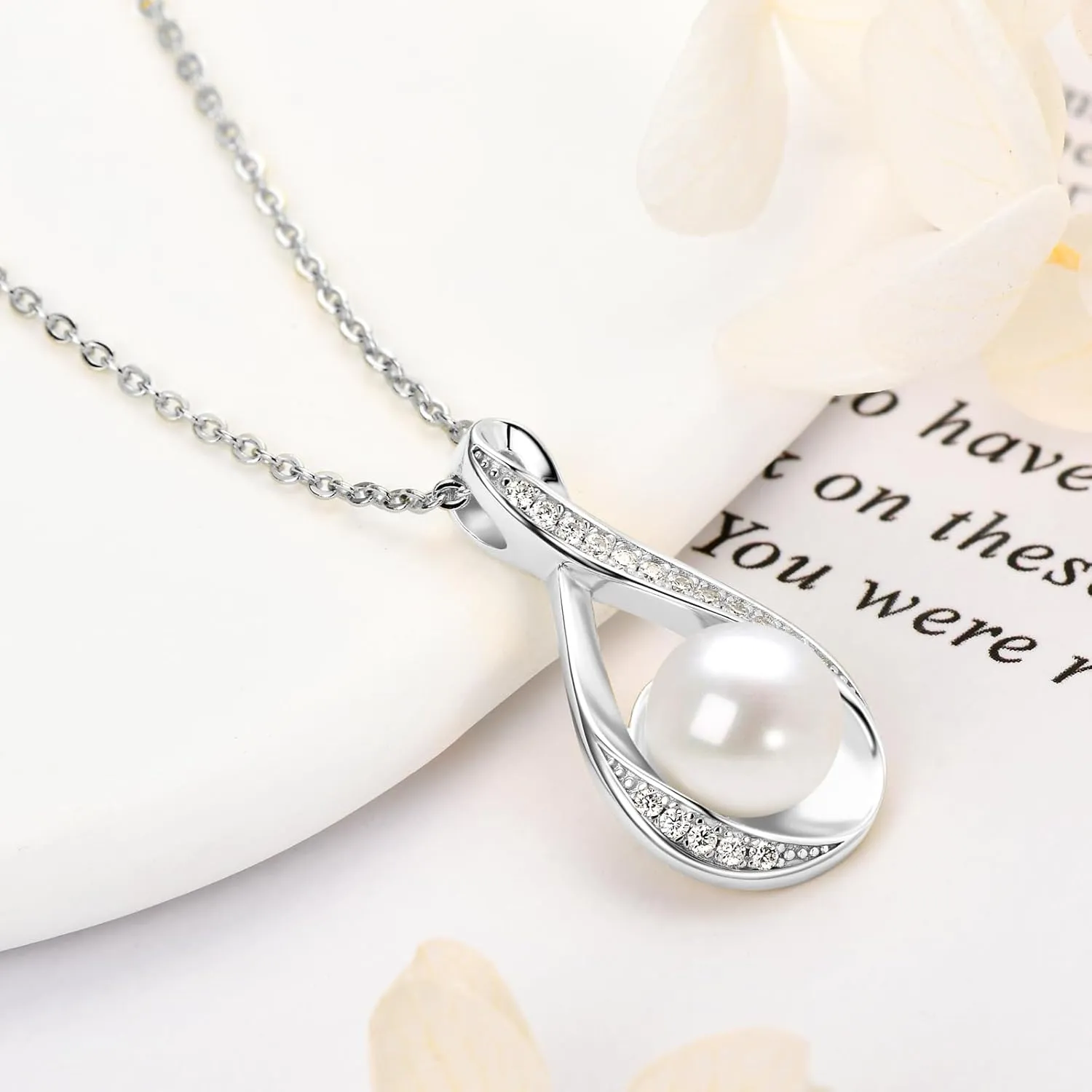 DENGGGUANG Freshwater Pearl Pendant Necklaces for Women, Sterling Silver Infinity Single Pearl Necklace with Shiny Moissanite Wedding Jewelry Gift for Bride Bridesmaid