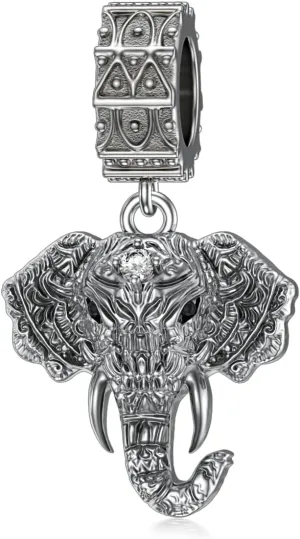 Diamond Elephant Beads Charm for Necklace Bracelet 925 Sterling Silver Elephant Charm Jewelry for Mom Daughter