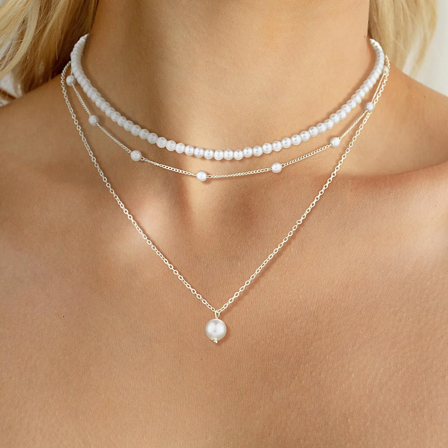 DIBOLA Gold Jewelry Set for Women, Dainty Layered 14K Gold/Silver Pearl Choker Necklaces and Earring Set Pearl Earrings Bracelets Wedding Bride Jewelry