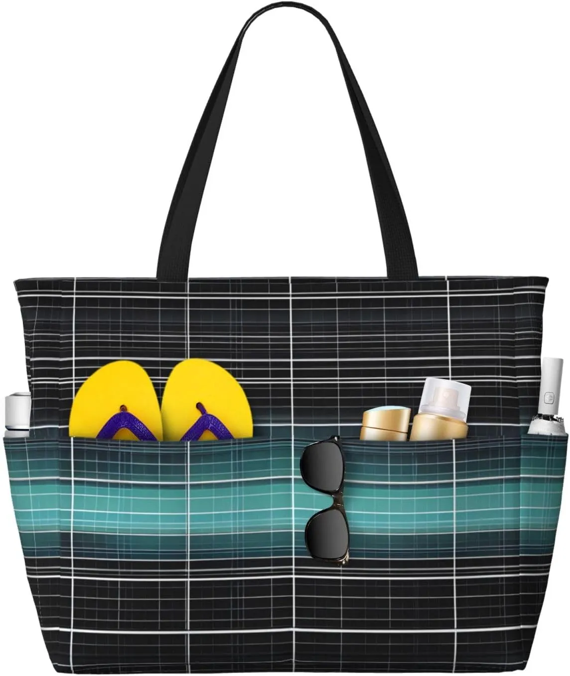 Dimensional Line Space Print 28L Large Beach Tote Bag, 7 Pockets Waterproof Travel Shoulder Bag, Gym Oversized Tote