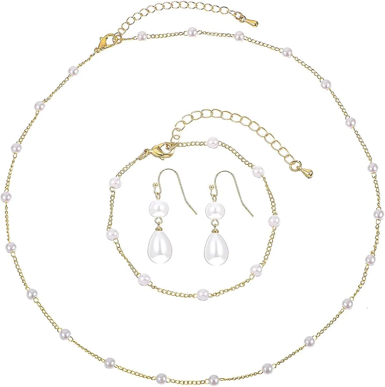 DIVINA VITAE Gold Pearl Jewelry Set for Women,14k Gold Plated Pearl Necklace Bracelets and Earring Set Adjustable Pearl Jewelry Set Dainty Bridal Jewelry Set for Wedding