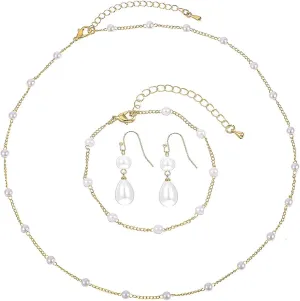 DIVINA VITAE Gold Pearl Jewelry Set for Women,14k Gold Plated Pearl Necklace Bracelets and Earring Set Adjustable Pearl Jewelry Set Dainty Bridal Jewelry Set for Wedding