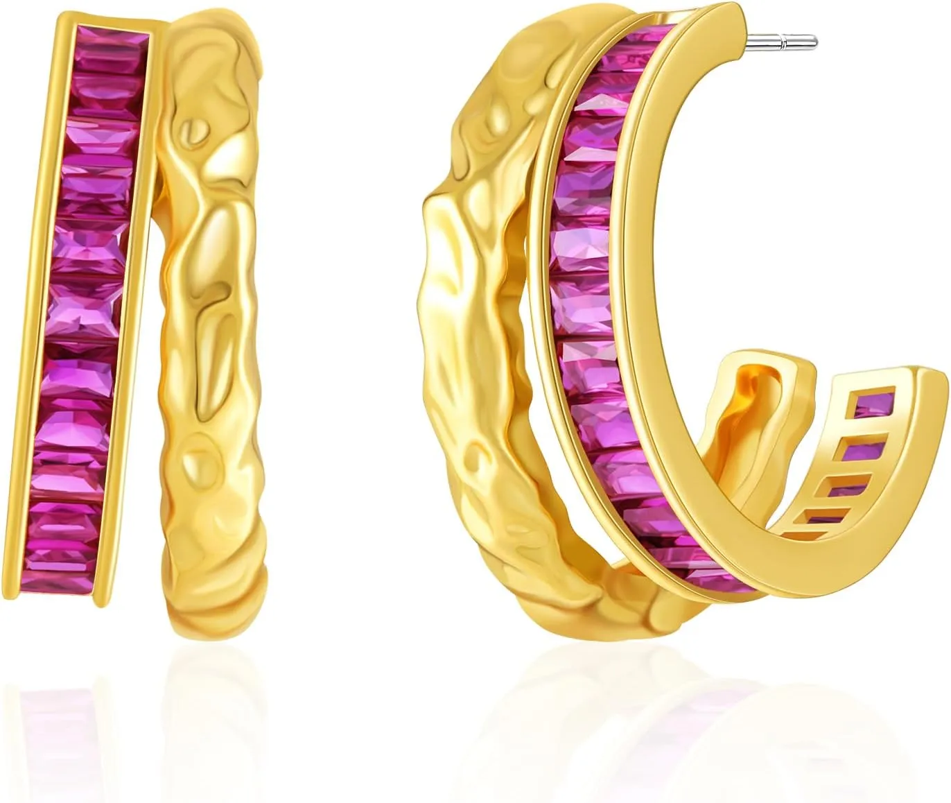 Double Hoop Earrings for Women Trendy, Hammered 18K Gold Plated Hypoallergenic Green Black Orange Statement CZ Earrings Jewelry Gifts for Women