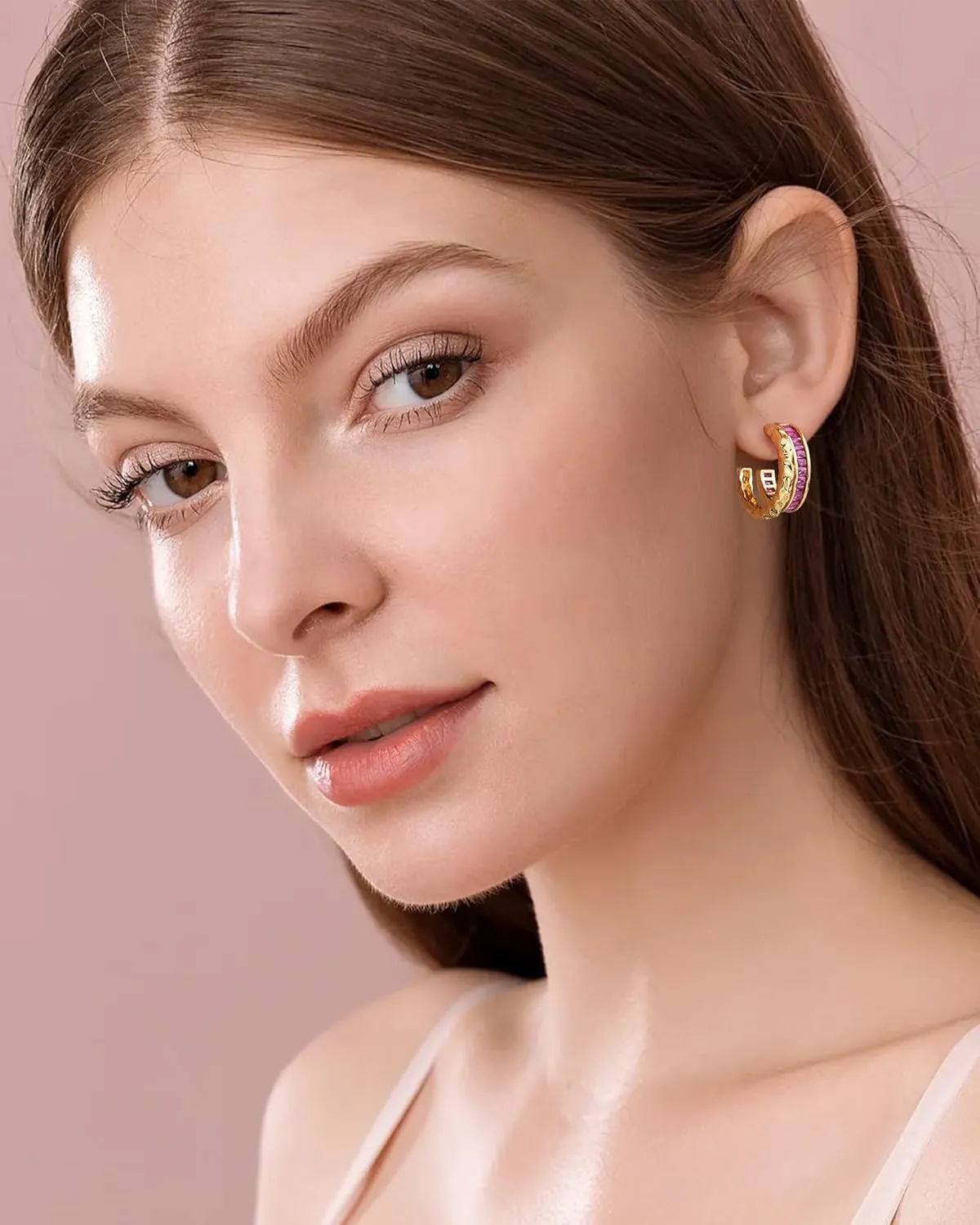 Double Hoop Earrings for Women Trendy, Hammered 18K Gold Plated Hypoallergenic Green Black Orange Statement CZ Earrings Jewelry Gifts for Women