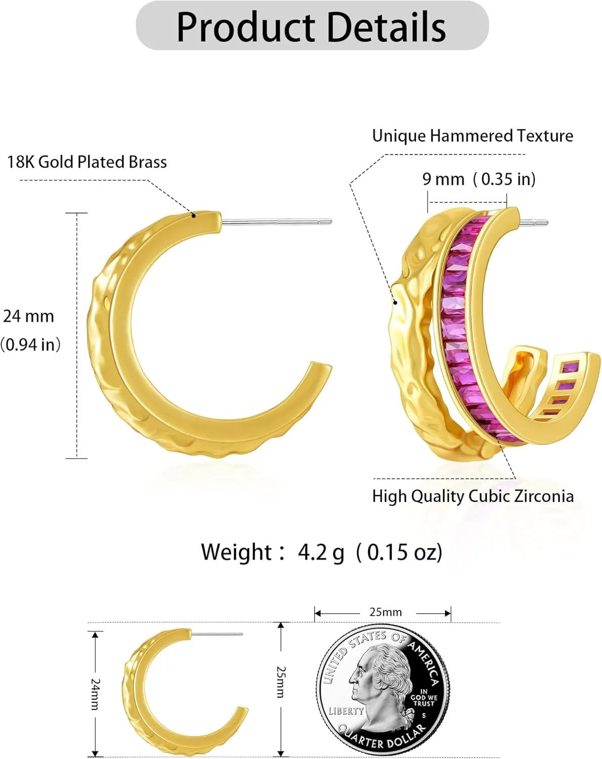 Double Hoop Earrings for Women Trendy, Hammered 18K Gold Plated Hypoallergenic Green Black Orange Statement CZ Earrings Jewelry Gifts for Women