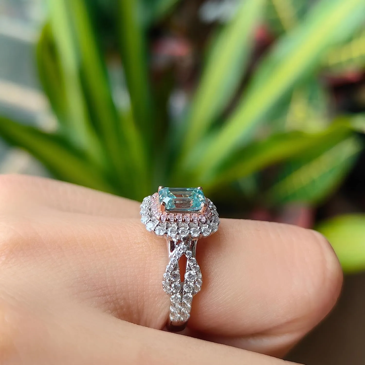 DovEggs Moissanite Engagement Rings for Women 1ct 5x7mm Elongated Emerald Cut Moissanite Peacock Blue Lab Grown Double Halo Split Shank Engagement Ring Moissanite&Sapphire accents Sterling Silver