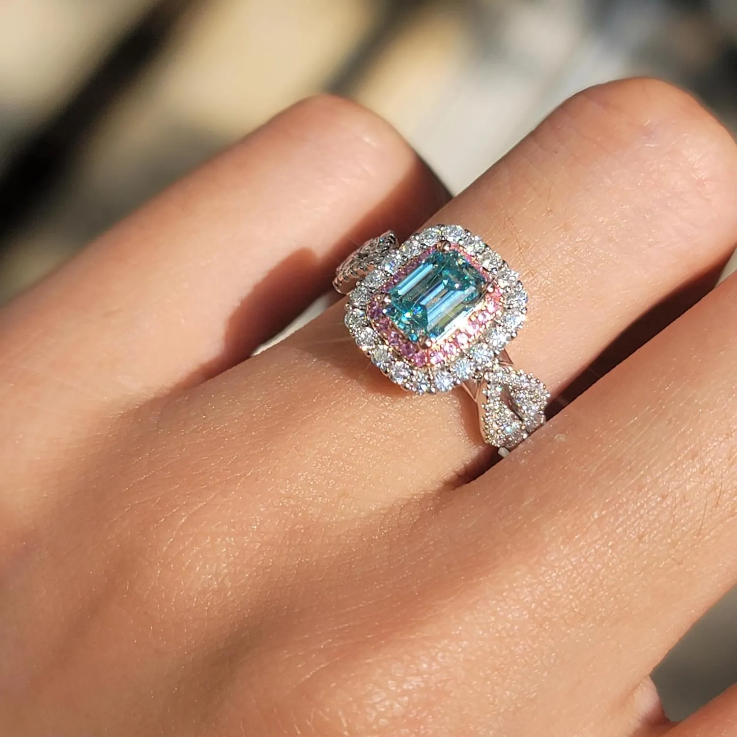 DovEggs Moissanite Engagement Rings for Women 1ct 5x7mm Elongated Emerald Cut Moissanite Peacock Blue Lab Grown Double Halo Split Shank Engagement Ring Moissanite&Sapphire accents Sterling Silver