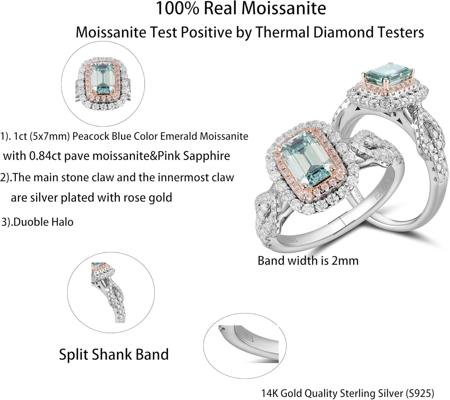 DovEggs Moissanite Engagement Rings for Women 1ct 5x7mm Elongated Emerald Cut Moissanite Peacock Blue Lab Grown Double Halo Split Shank Engagement Ring Moissanite&Sapphire accents Sterling Silver