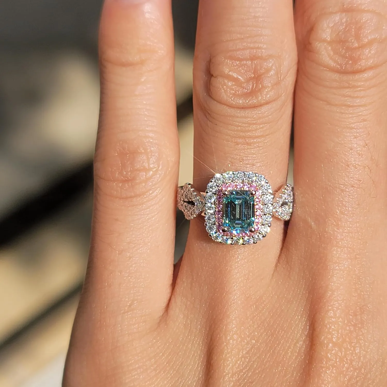 DovEggs Moissanite Engagement Rings for Women 1ct 5x7mm Elongated Emerald Cut Moissanite Peacock Blue Lab Grown Double Halo Split Shank Engagement Ring Moissanite&Sapphire accents Sterling Silver