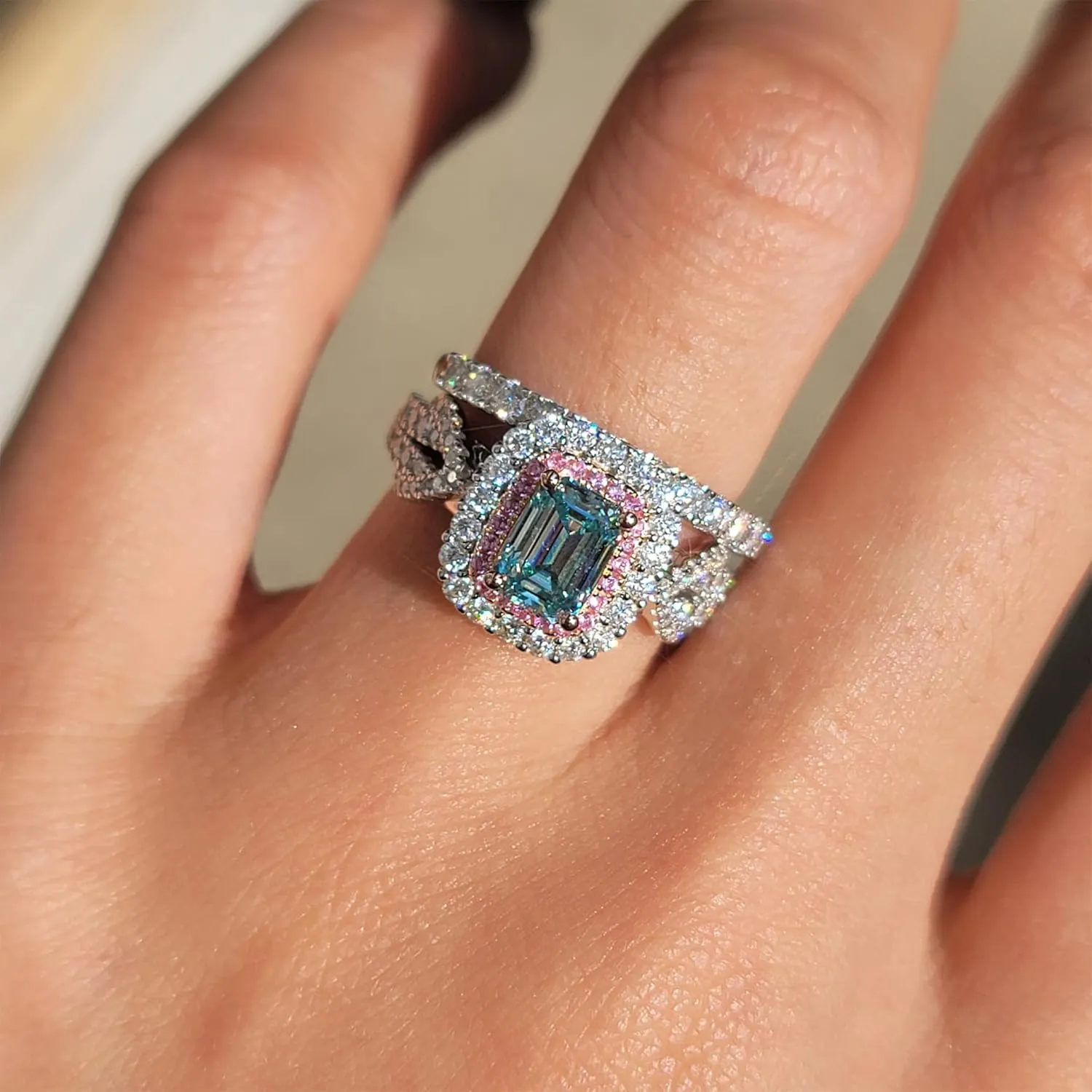 DovEggs Moissanite Engagement Rings for Women 1ct 5x7mm Elongated Emerald Cut Moissanite Peacock Blue Lab Grown Double Halo Split Shank Engagement Ring Moissanite&Sapphire accents Sterling Silver