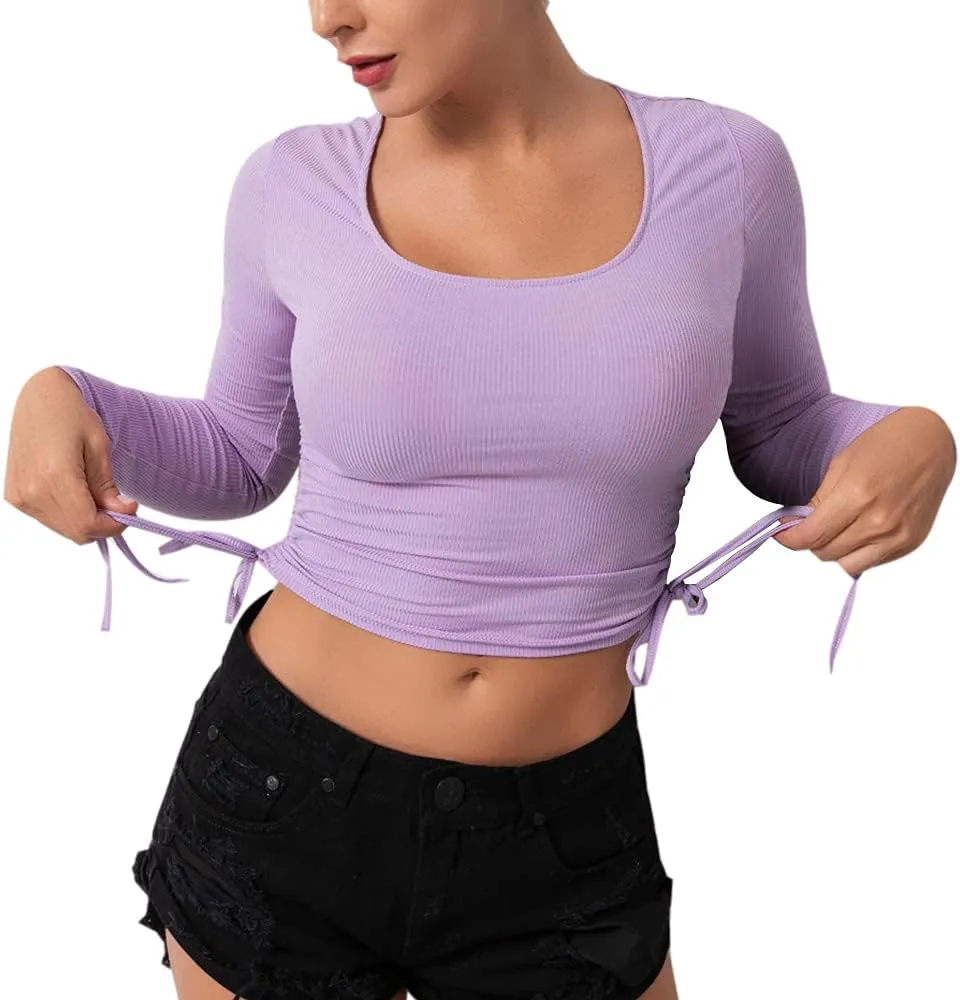 DREAM SLIM-Women's Sleeveless Ruched Ribbed Crop Tank Top-Workout Racerback Crop Tops Camisole Blouses