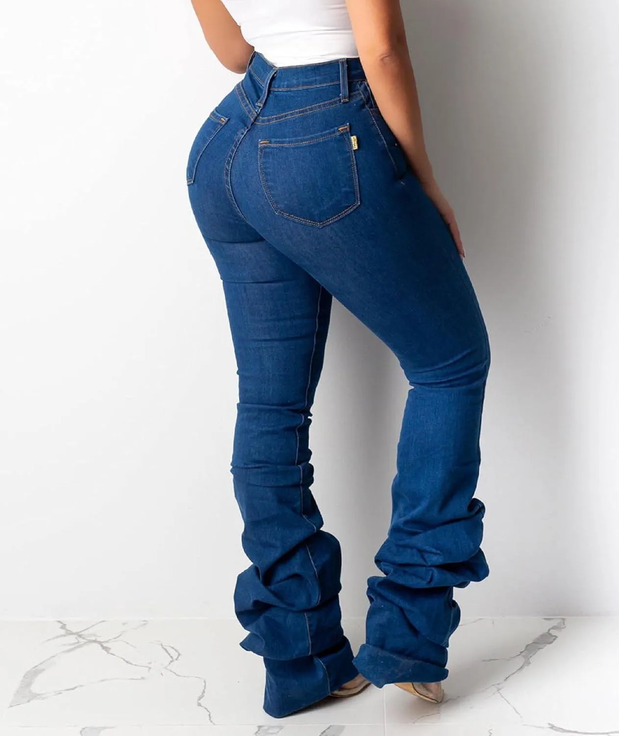 ECDAHICC Women's Classic Stacked Denim Pants High Waist Skinny Stretch Jeans Long Trouser with Pockets