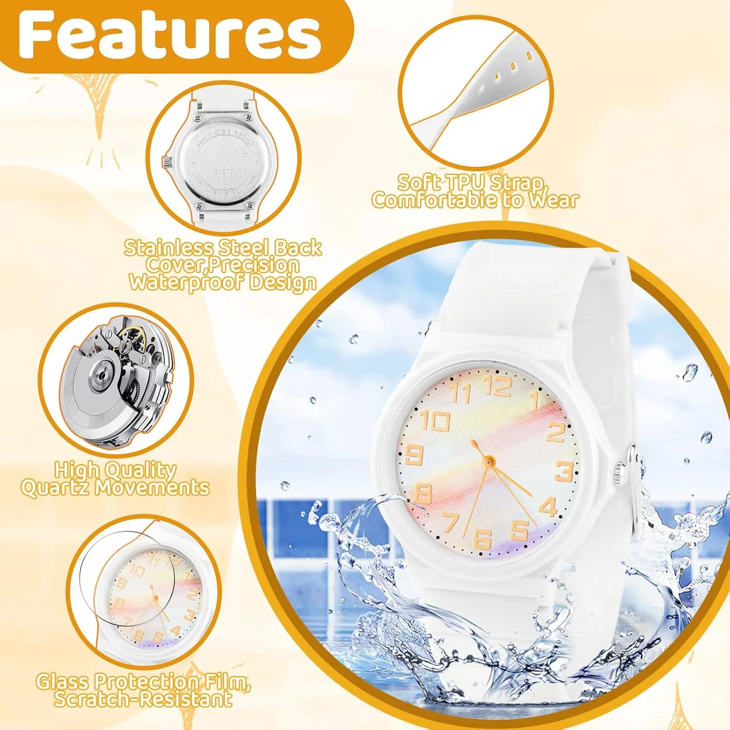 Edillas Kids Watch Analog for Girls Boys, 50M Waterproof Children Quartz SquareWristwatches for Kids, Students with Soft Silicone Strap, Easy to Read Learn time Presents