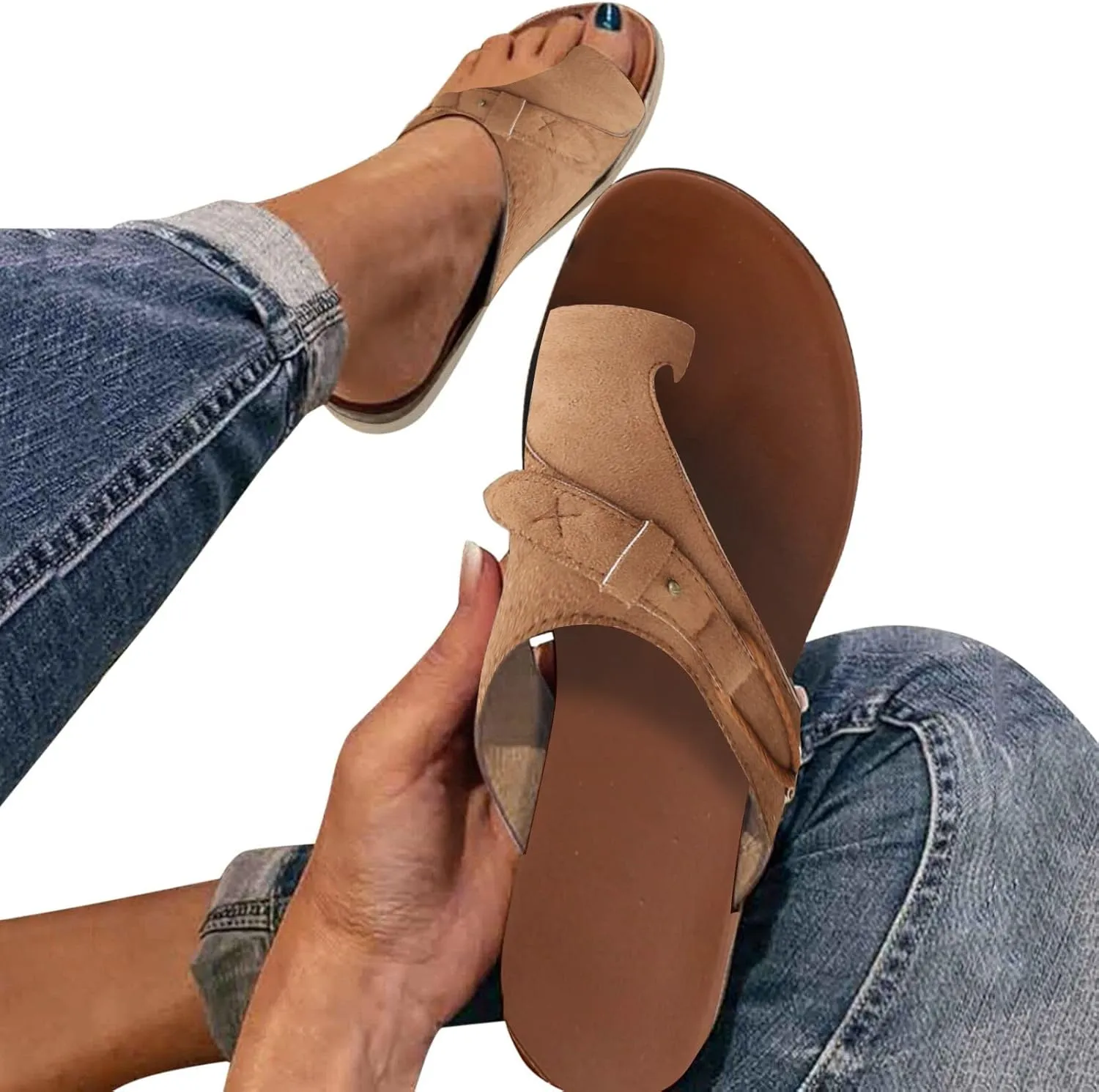 Eduavar Sandals for Women Casual Summer Orthopedic Correction Leather Ring Toe Sandals Solid/Leopard Print Flat Flip Flops