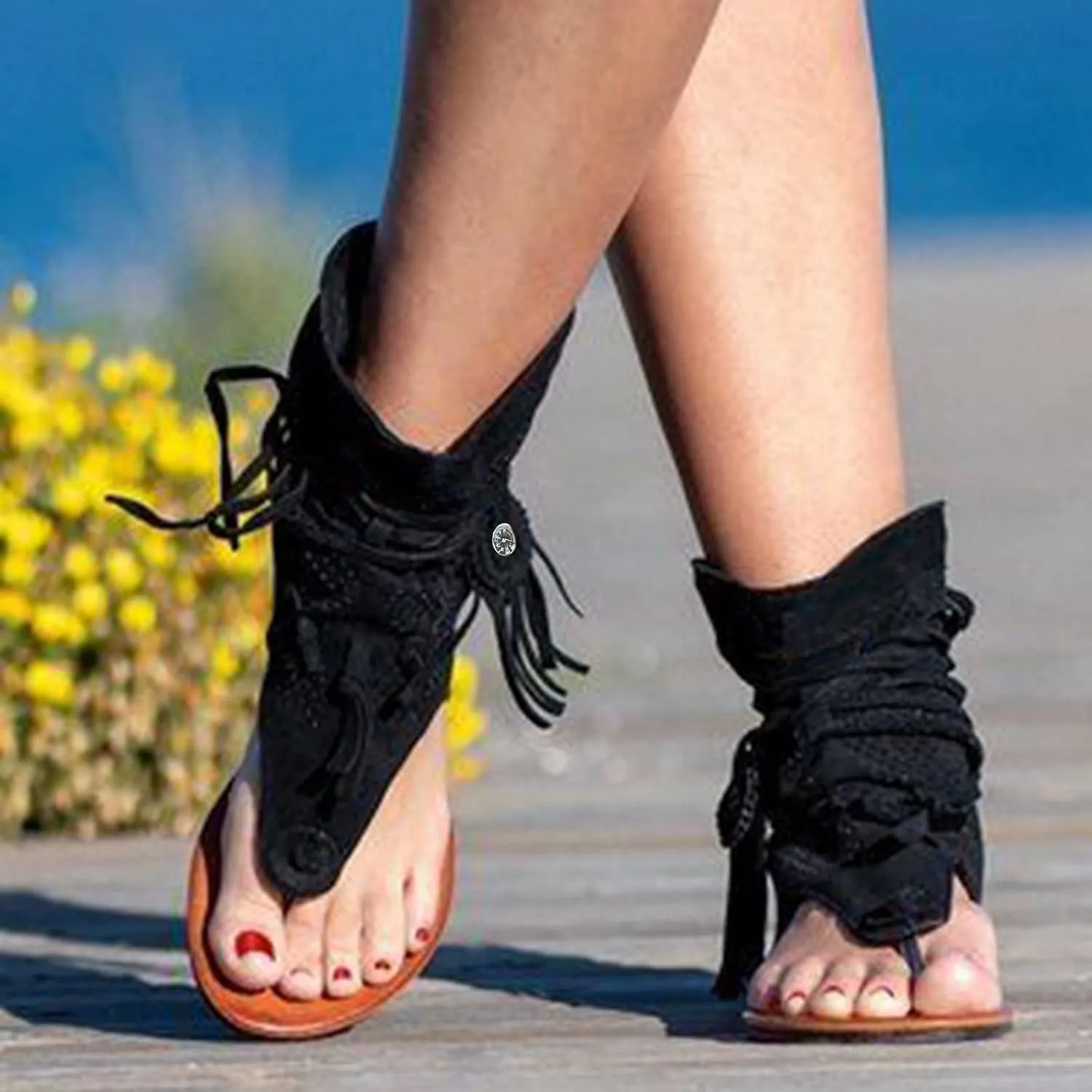 Eduavar Sandals Women Comfortable, Orthopedic Sandals for Women Bohemian Gladiator Fringe Flat Clip Toe Ankle Boots