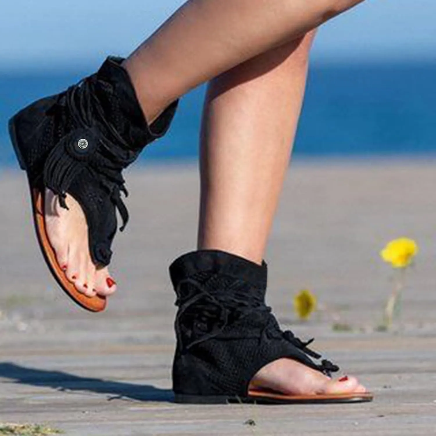 Eduavar Sandals Women Comfortable, Orthopedic Sandals for Women Bohemian Gladiator Fringe Flat Clip Toe Ankle Boots
