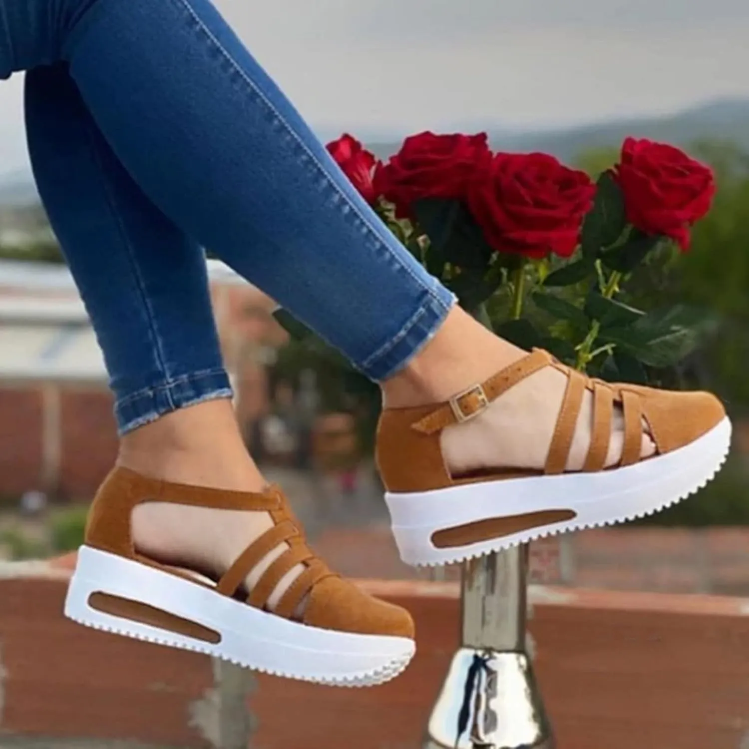 Eduavar Wedge Sandals for Women, Sandals for Women Dressy Summer Flat Sandals Crystal Open Toe Ankle Strap Sandals