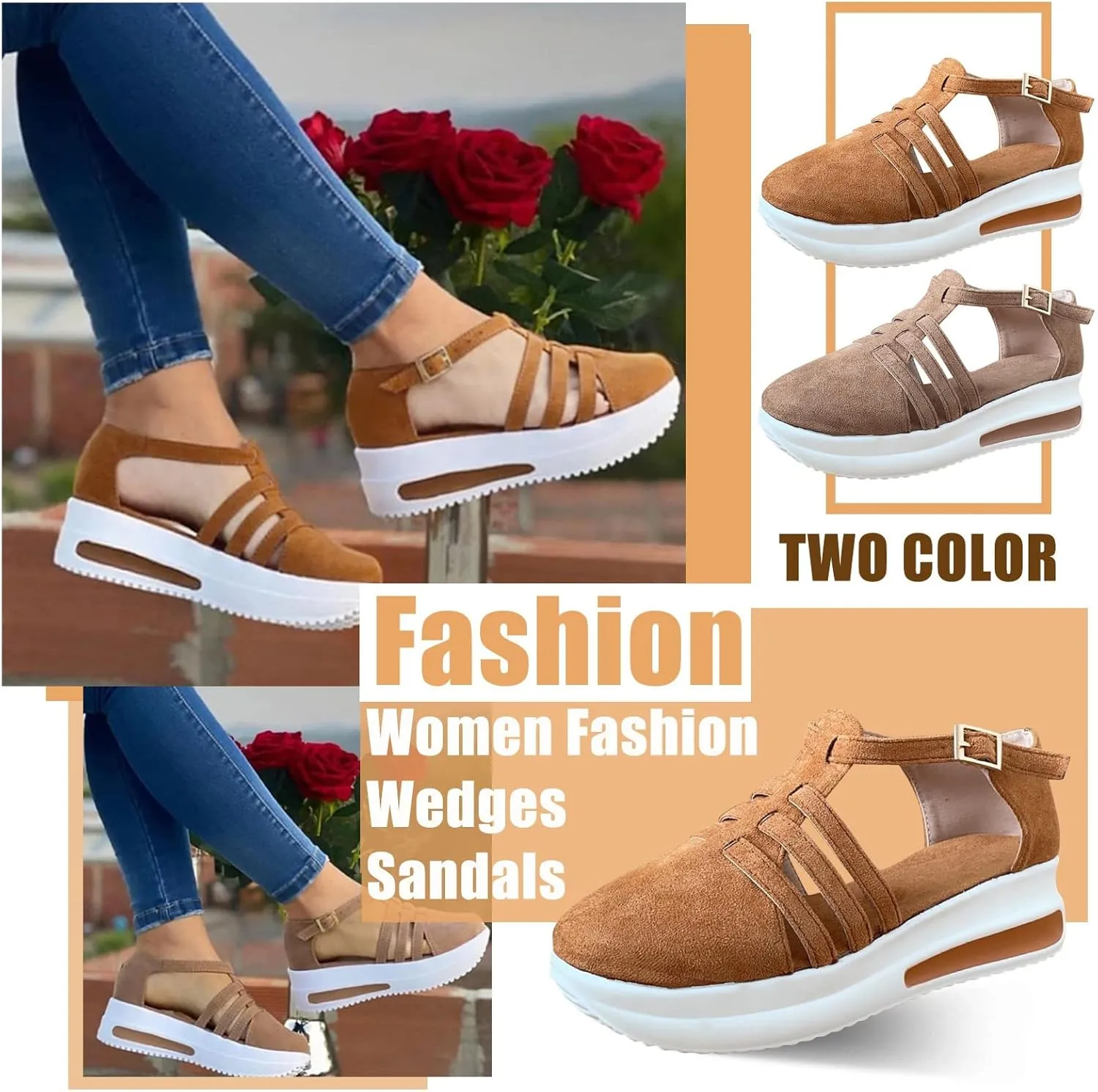 Eduavar Wedge Sandals for Women, Sandals for Women Dressy Summer Flat Sandals Crystal Open Toe Ankle Strap Sandals