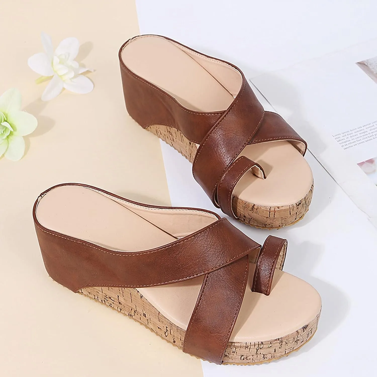 Eduavar Wedge Sandals for Women, Sandals for Women Fashion Strap Flat Sandals Rhinestone Size Large Clip Toe Sandals