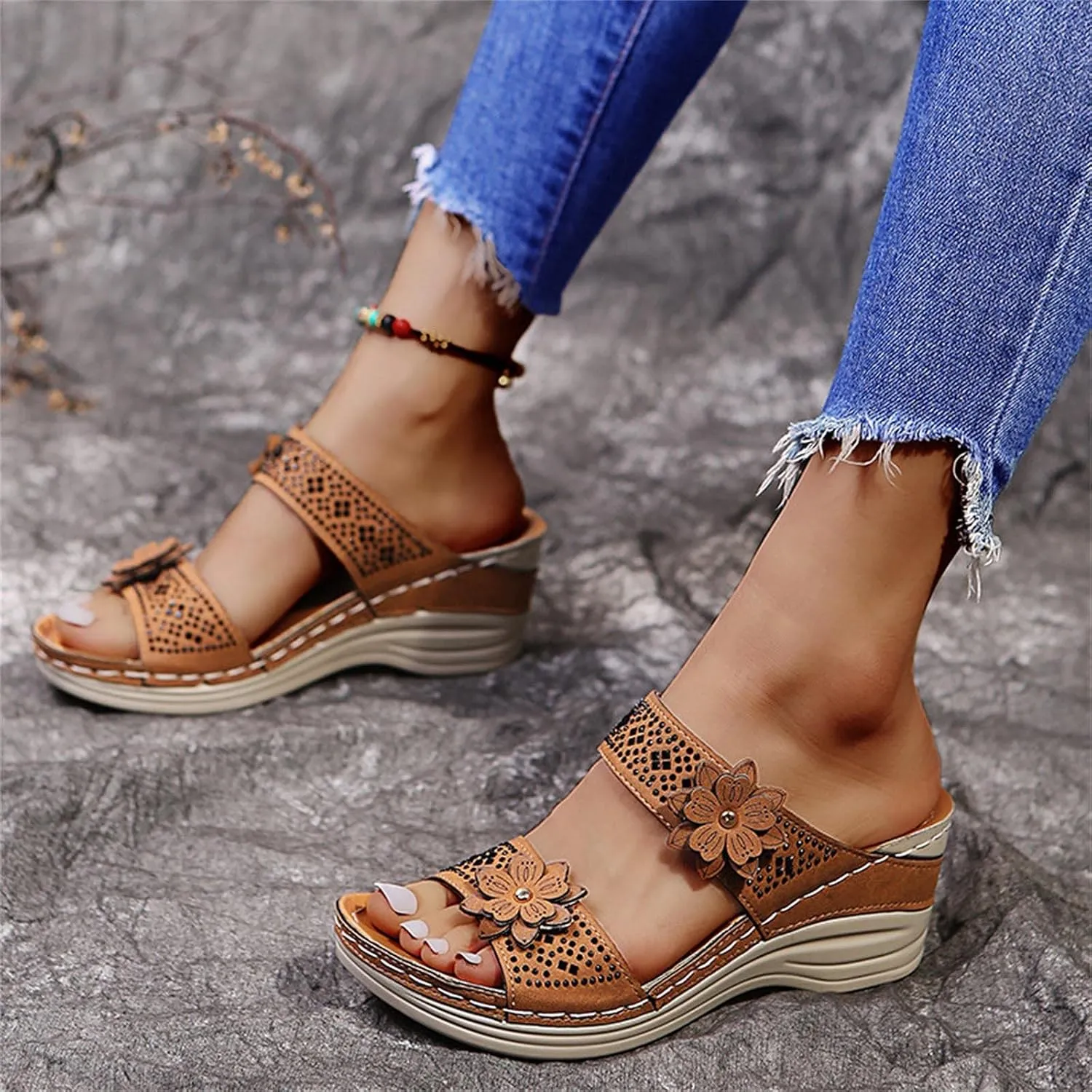 Eduavar Womens Sandals Dressy, Womens Sandals Comfortable Flower Orthopedic Flip Flops Arch Support Slip On Shoes