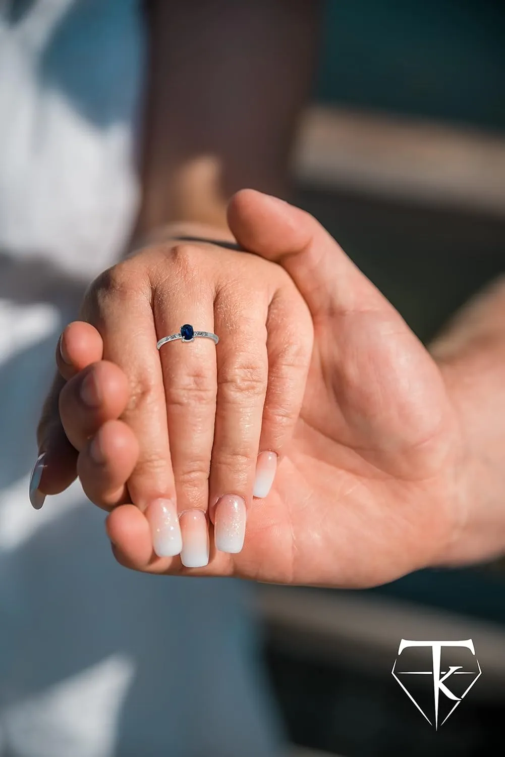 Elegant 10k Gold Diamond and Natural Oval Sapphire Ring, Encrusted With Blue Stone and Four Dainty Diamond Stackable Band Gold Rings for Women, Available in White, Yellow and Rose gold, Made in USA