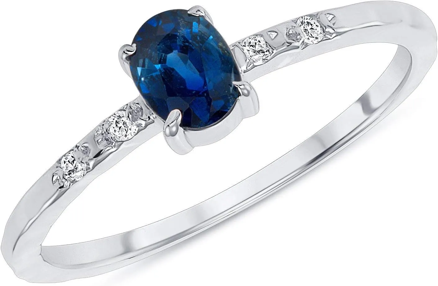 Elegant 10k Gold Diamond and Natural Oval Sapphire Ring, Encrusted With Blue Stone and Four Dainty Diamond Stackable Band Gold Rings for Women, Available in White, Yellow and Rose gold, Made in USA